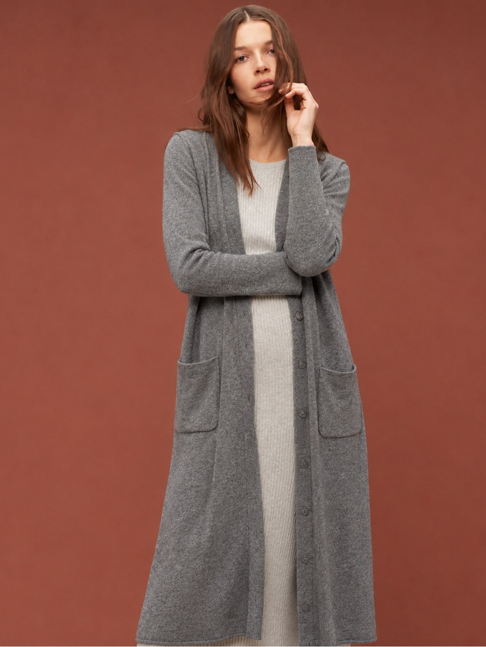 Autumn Cashmere Long Grey Button-Front with Pockets Cashmere Cardigan Sz L